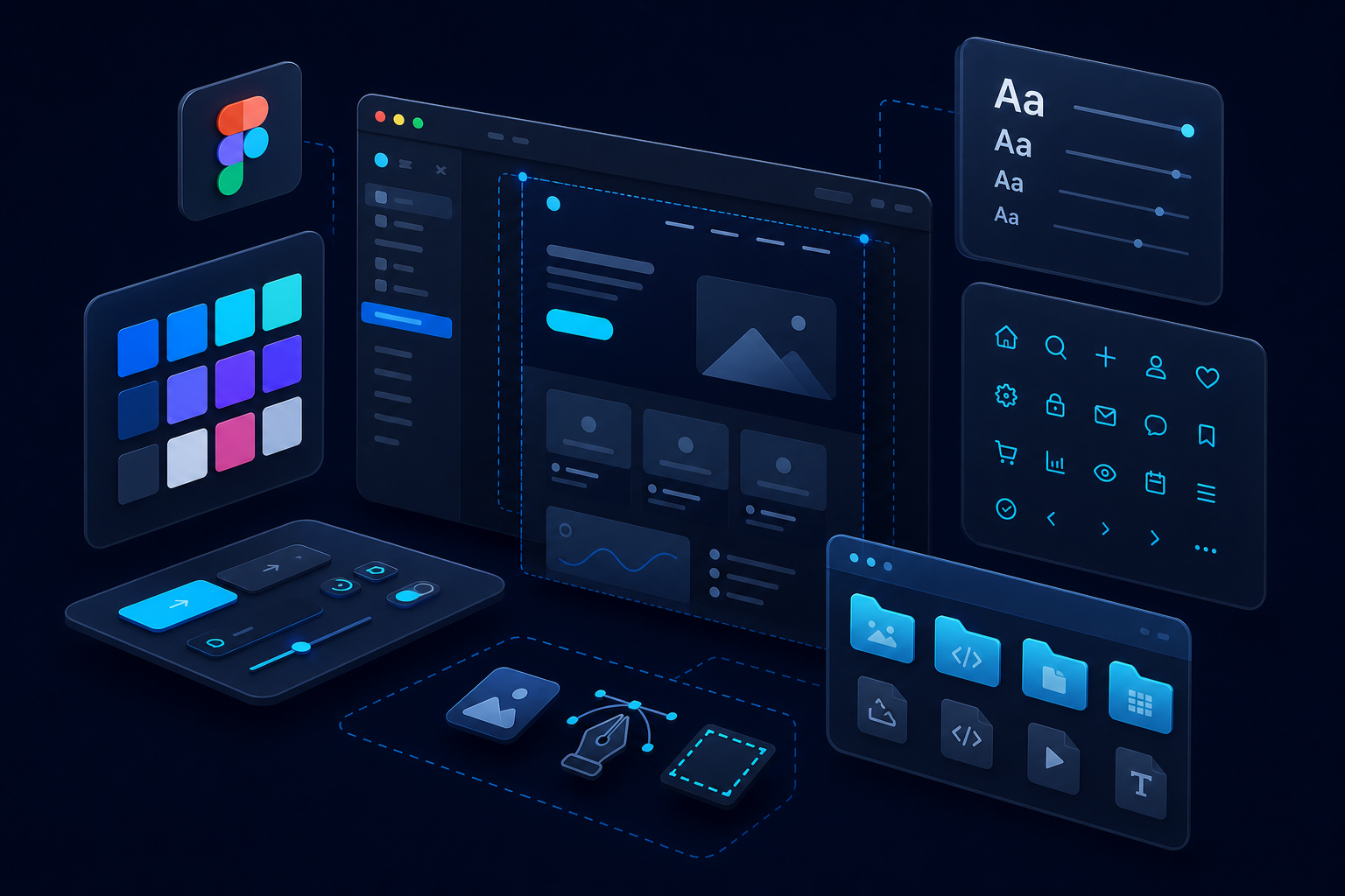 Design deliverables including source files, color systems, and exported assets