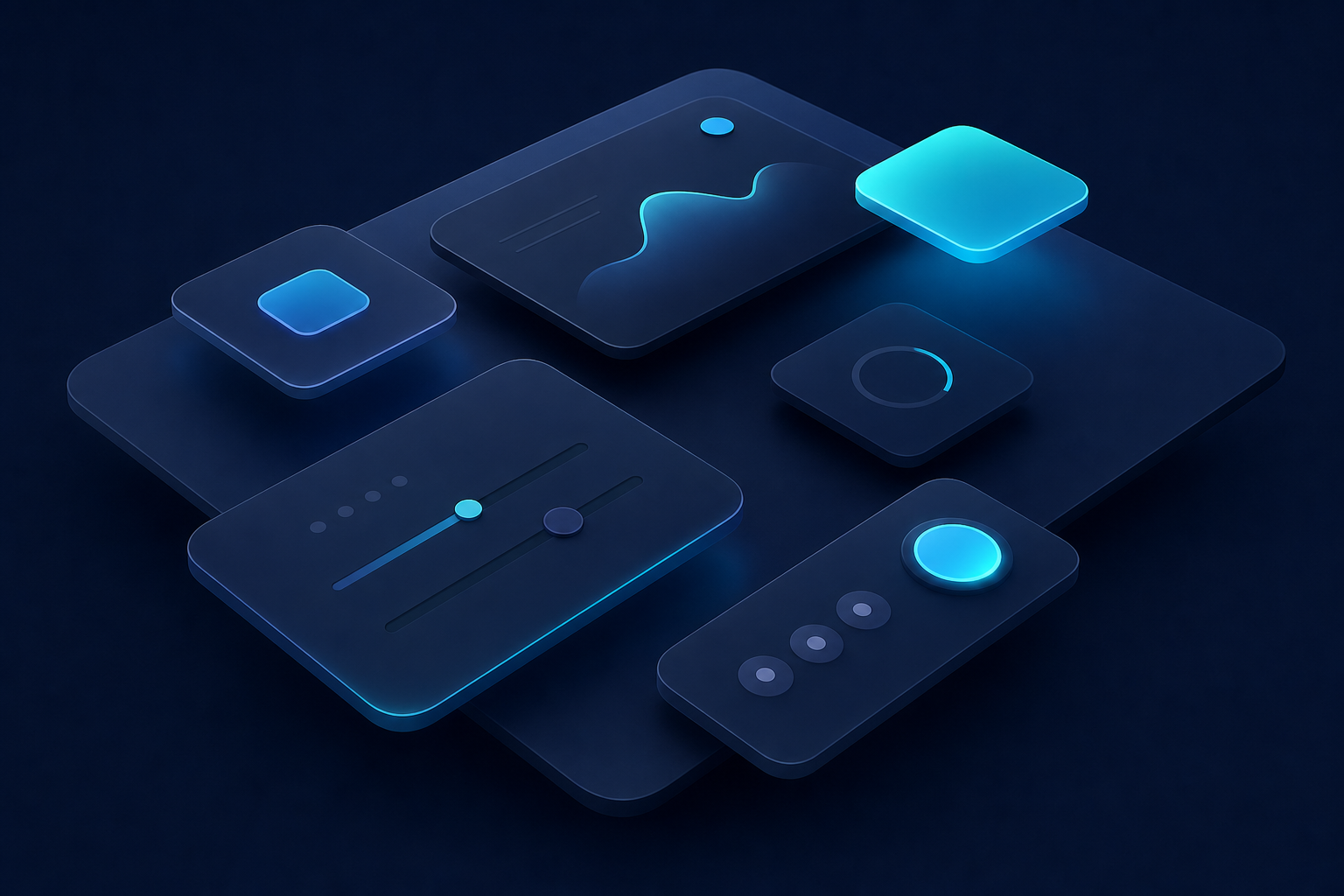 UI surfaces with depth, shadow elevation, and material treatment on digital components
