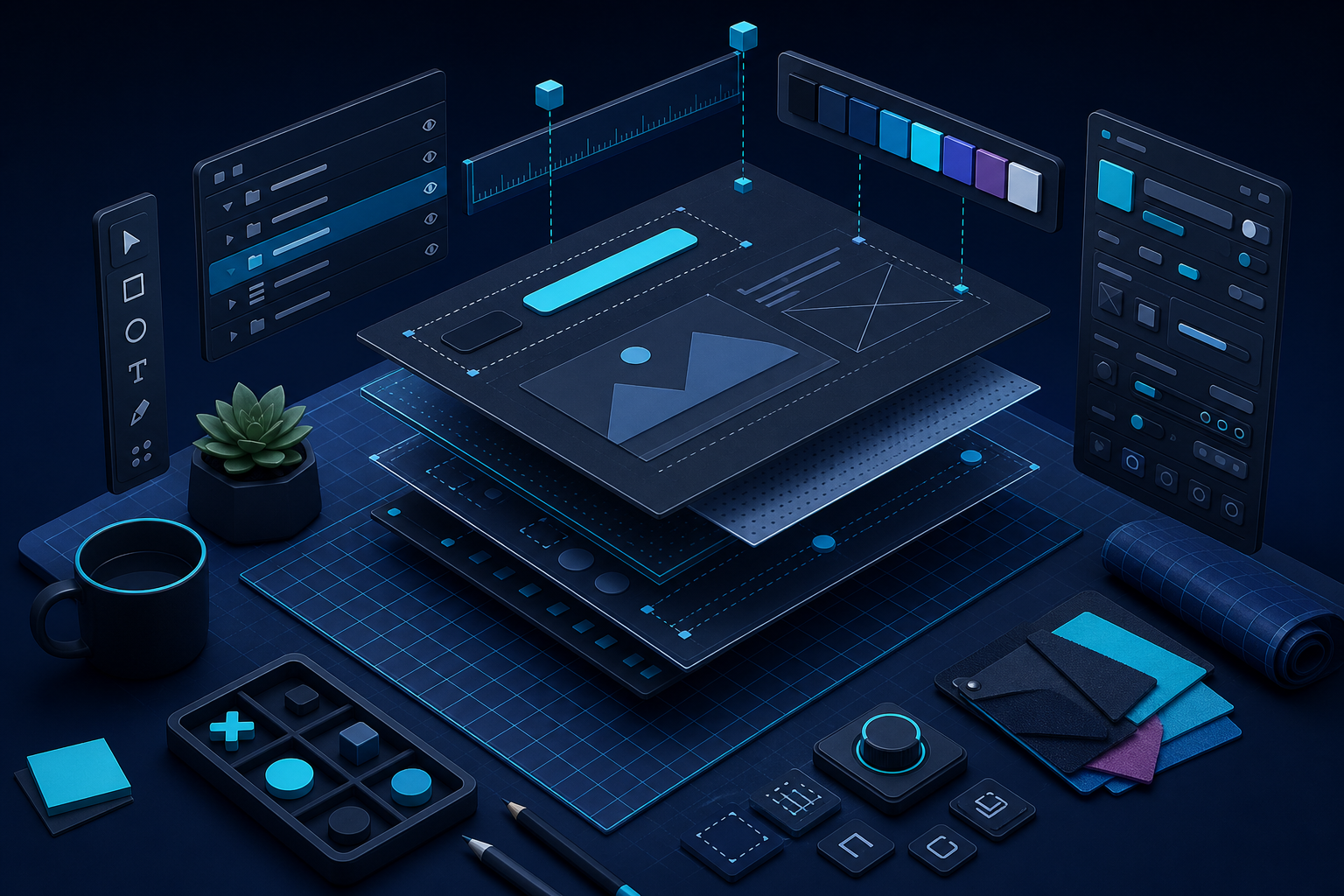 Digital design workshop with layers, spacing tokens, and component panels at INSHOTBOX FOR WEB-DESIGN