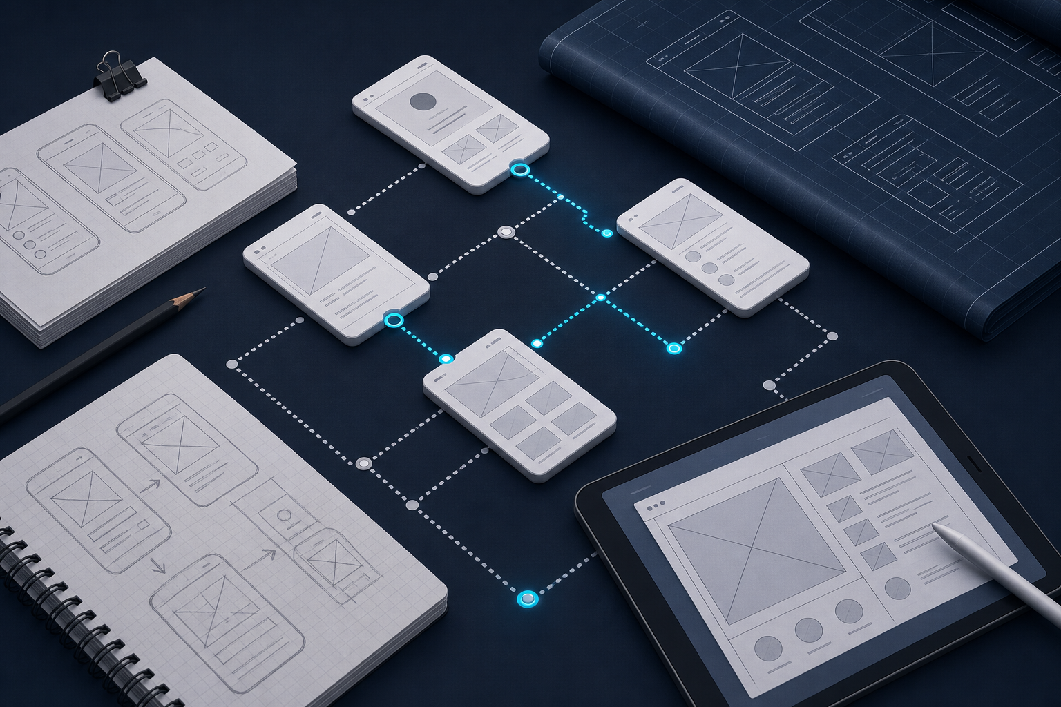 Wireframe and prototype layouts with user flow connections