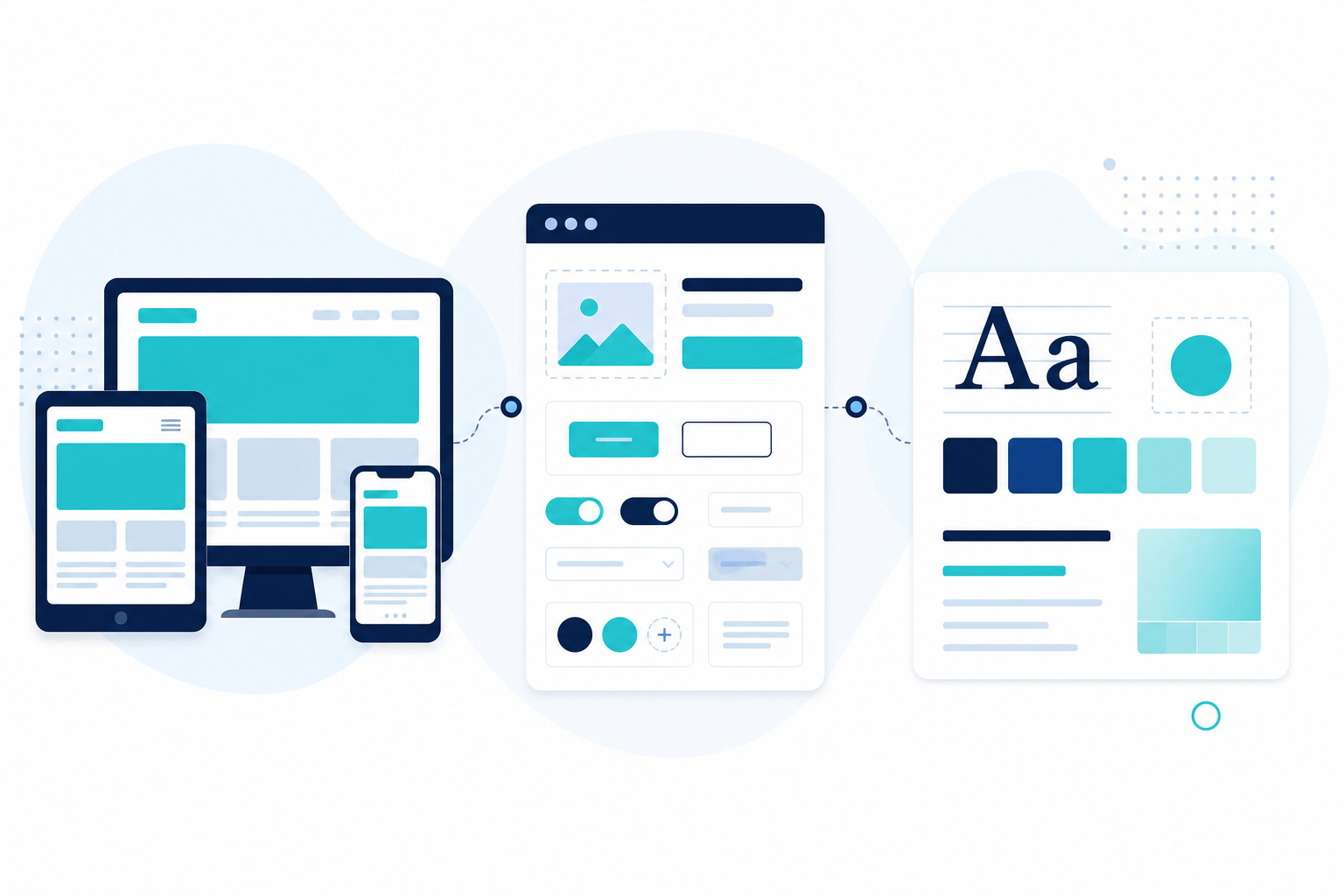 Illustration of responsive web design services including layouts, UI components, and color systems