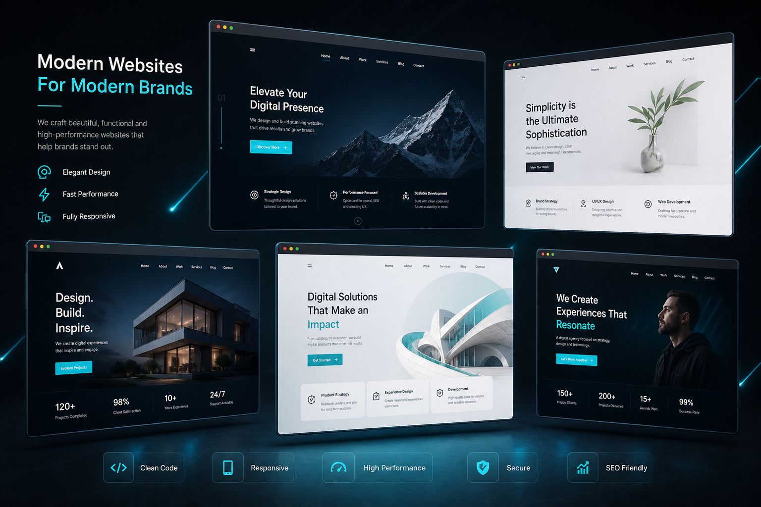 Showcase of modern website mockups with clean layouts and professional design